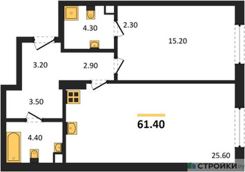 Планировка однокомнатной(квартира) площадью 61.4 квадратных метров в ЖК “ЖК Крылатская 33”