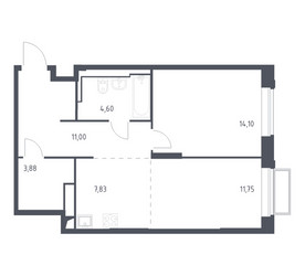 Планировка однокомнатной(квартира) площадью 53.2 квадратных метров в ЖК “ЖК Долина Яузы”
