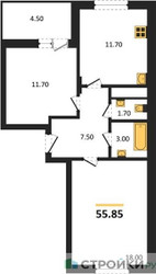 Планировка двухкомнатной(квартира) площадью 55.85 квадратных метров в ЖК “ЖК ВОСТОК II”