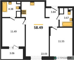 Планировка двухкомнатной(квартира) площадью 58.49 квадратных метров в “ЖК Светлый мир Станция Л”