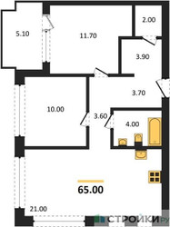 Планировка двухкомнатной(квартира) площадью 65 квадратных метров в ЖК “ЖК Дом А”