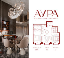 Планировка двухкомнатной(квартира) площадью 68.8 квадратных метров в “ЖК АУРА”