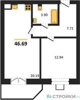 Планировка однокомнатной(квартира) площадью 46.69 квадратных метров в “ЖК Мечта”