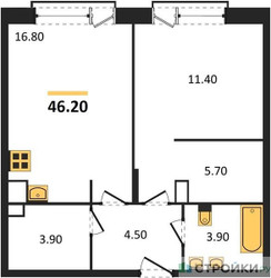 Планировка однокомнатной(квартира) площадью 46.2 квадратных метров в ЖК “ЖК The LAKE (Лэйк)”