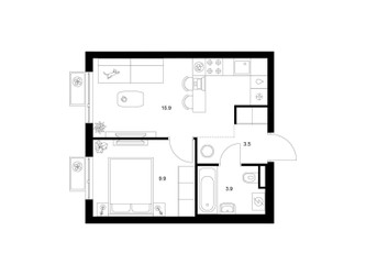 Планировка однокомнатной(квартира) площадью 33.2 квадратных метров в ЖК “ЖК Белая Дача парк”