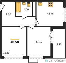 Планировка двухкомнатной(квартира) площадью 48.5 квадратных метров в “ЖК Скандинавия”