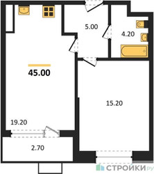 Планировка однокомнатной(квартира) площадью 45 квадратных метров в ЖК “ЖК Прокшино”