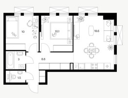Планировка двухкомнатной(квартира) площадью 51.3 квадратных метров в “ЖК Саларьево парк”