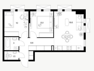 Планировка двухкомнатной(квартира) площадью 51.3 квадратных метров в ЖК “ЖК Саларьево парк”