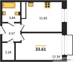 Планировка однокомнатной(квартира) площадью 33.61 квадратных метров в “ЖК Новоград Павлино”
