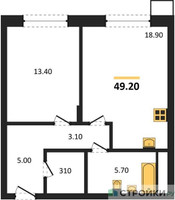 Планировка однокомнатной(квартира) площадью 49.2 квадратных метров в “ЖК Резиденции Сколково”