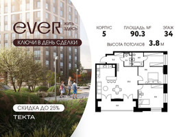 Планировка трехкомнатной(квартира) площадью 90.3 квадратных метров в “ЖК Ever (Эвер)”