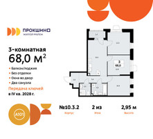 Планировка трехкомнатной(квартира) площадью 68 квадратных метров в “ЖК Прокшино”