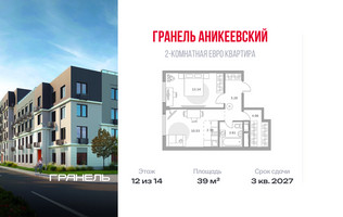 Планировка двухкомнатной(квартира) площадью 39 квадратных метров в “ЖК Аникеевский”