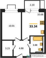 Планировка однокомнатной(квартира) площадью 33.34 квадратных метров в “ЖК Прибрежный Парк”