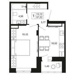 Планировка однокомнатной(квартира) площадью 37.2 квадратных метров в ЖК “ЖК Времена года”