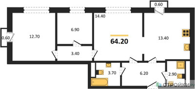 Планировка двухкомнатной(квартира) площадью 64.2 квадратных метров в ЖК “ЖК Легенда Марусино”
