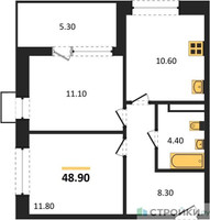 Планировка двухкомнатной(квартира) площадью 48.9 квадратных метров в “ЖК Бунинские кварталы”