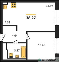 Планировка однокомнатной(квартира) площадью 38.27 квадратных метров в “ЖК Пригород Лесное”