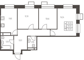 Планировка трехкомнатной(квартира) площадью 70.9 квадратных метров в ЖК “ЖК Новая Ивантеевка”