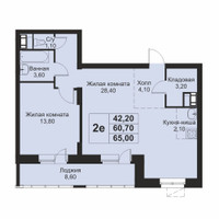 Планировка двухкомнатной(апартаменты) площадью 65 квадратных метров в “ЖК Кашинцево”