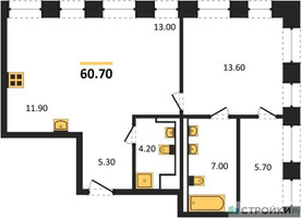 Планировка однокомнатной(квартира) площадью 60.7 квадратных метров в “ЖК INJOY (Инджой)”
