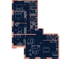 Планировка 4+ комнатной(квартира) площадью 151.7 квадратных метров в ЖК “Квартал Эра”