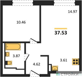 Планировка однокомнатной(квартира) площадью 37.53 квадратных метров в ЖК “ЖК Новое Внуково”