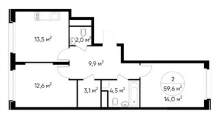Планировка двухкомнатной(квартира) площадью 59.6 квадратных метров в “ЖК Переделкино Ближнее”