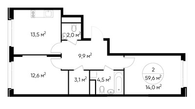 Планировка двухкомнатной(квартира) площадью 59.6 квадратных метров в ЖК “ЖК Переделкино Ближнее”