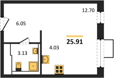Планировка студии(квартира) площадью 25.91 квадратных метров в ЖК “Квартал Сабурово”