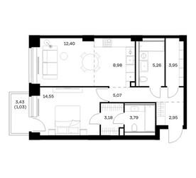 Планировка однокомнатной(квартира) площадью 61.16 квадратных метров в ЖК “ЖК НОВА”