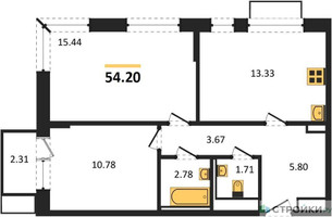 Планировка двухкомнатной(квартира) площадью 54.2 квадратных метров в “ЖК Квартал Марьино”