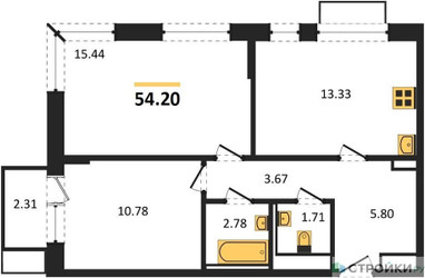 Планировка двухкомнатной(квартира) площадью 54.2 квадратных метров в ЖК “ЖК Квартал Марьино”