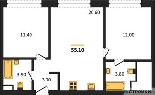 Планировка двухкомнатной(квартира) площадью 55.1 квадратных метров в “ЖК Wave (Вейв)”