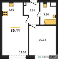 Планировка однокомнатной(квартира) площадью 36.44 квадратных метров в “ЖК Одинград. Квартал Семейный”