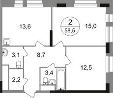 Планировка двухкомнатной(квартира) площадью 58.5 квадратных метров в “ЖК Первый Московский”
