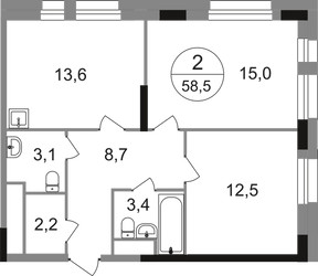 Планировка двухкомнатной(квартира) площадью 58.5 квадратных метров в ЖК “ЖК Первый Московский”