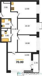 Планировка трехкомнатной(квартира) площадью 70 квадратных метров в ЖК “ЖК Родные кварталы”