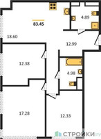 Планировка трехкомнатной(квартира) площадью 82.97 квадратных метров в “ЖК 1-й Нагатинский (Первый Нагатинский)”