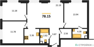 Планировка трехкомнатной(квартира) площадью 78.15 квадратных метров в “ЖК TATE (Тэйт)”
