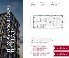Планировка трехкомнатной(квартира) площадью 100.28 квадратных метров в “ЖК Преображенская Площадь”