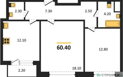 Планировка двухкомнатной(квартира) площадью 60.4 квадратных метров в ЖК “Квартал Филатов луг”