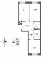 Планировка двухкомнатной(квартира) площадью 58 квадратных метров в “ЖК КИНОКВАРТАЛ”
