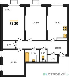 Планировка трехкомнатной(квартира) площадью 73.2 квадратных метров в “ЖК Видный берег 2”