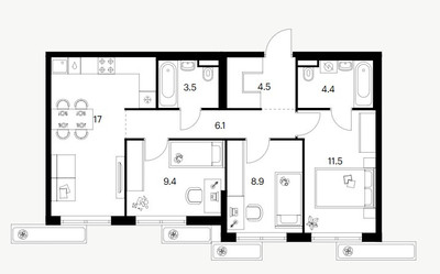 Планировка трехкомнатной(квартира) площадью 65.3 квадратных метров в ЖК “ЖК Саларьево парк”