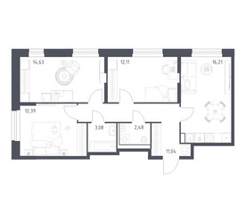Планировка трехкомнатной(квартира) площадью 71.94 квадратных метров в ЖК “ЖК Квартал Строгино”