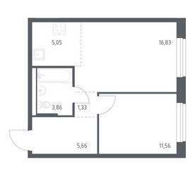 Планировка однокомнатной(квартира) площадью 44.29 квадратных метров в ЖК “ЖК Квартал Западный”