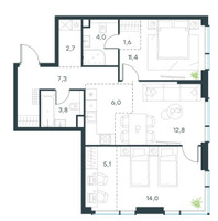 Планировка трехкомнатной(квартира) площадью 68.7 квадратных метров в “ЖК Павелецкая Сити”