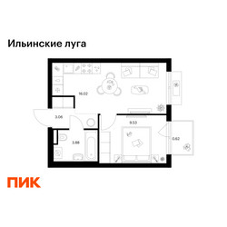 Планировка однокомнатной(квартира) площадью 33.11 квадратных метров в ЖК “ЖК Ильинские луга”
